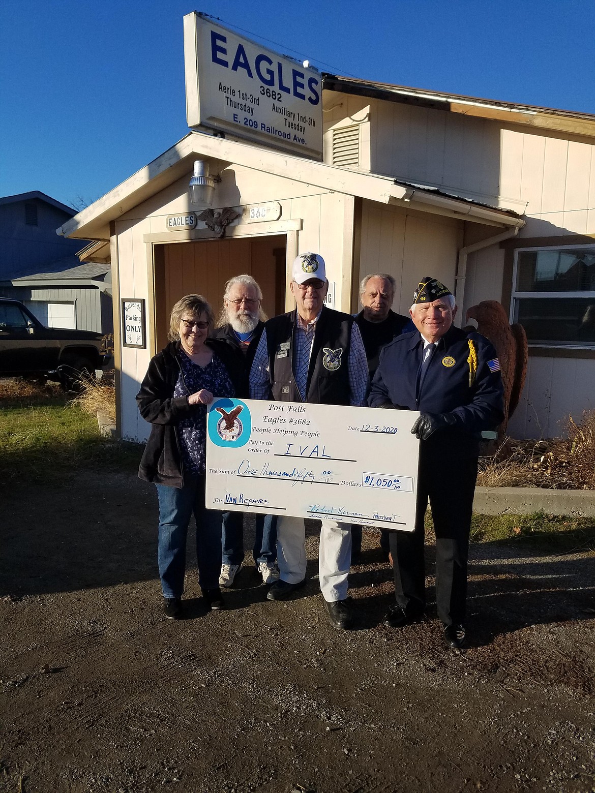 Post Falls Eagles #3682 recently presented a $1,050 donation to Idaho Veterans Assistance League (IVAL) to help with refurbishing a donated van that will be used to transport residents of the new veterans home that is being built in Post Falls. Pictured front row from left are Sandy Richmond, Vice President; Bob Kernen, President and Len Crosby, IVAL Treasurer. Back row is Roger Cohen, Trustee, and Woody Root.