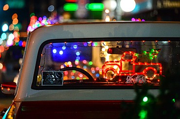 A lighted design in the shape of a truck decorates Steve Sheler's 1969 Chevy C10 pickup at the Elevation Christmas Light Car Show in downtown Kalispell on Saturday, Dec. 12. (Casey Kreider/Daily Inter Lake)