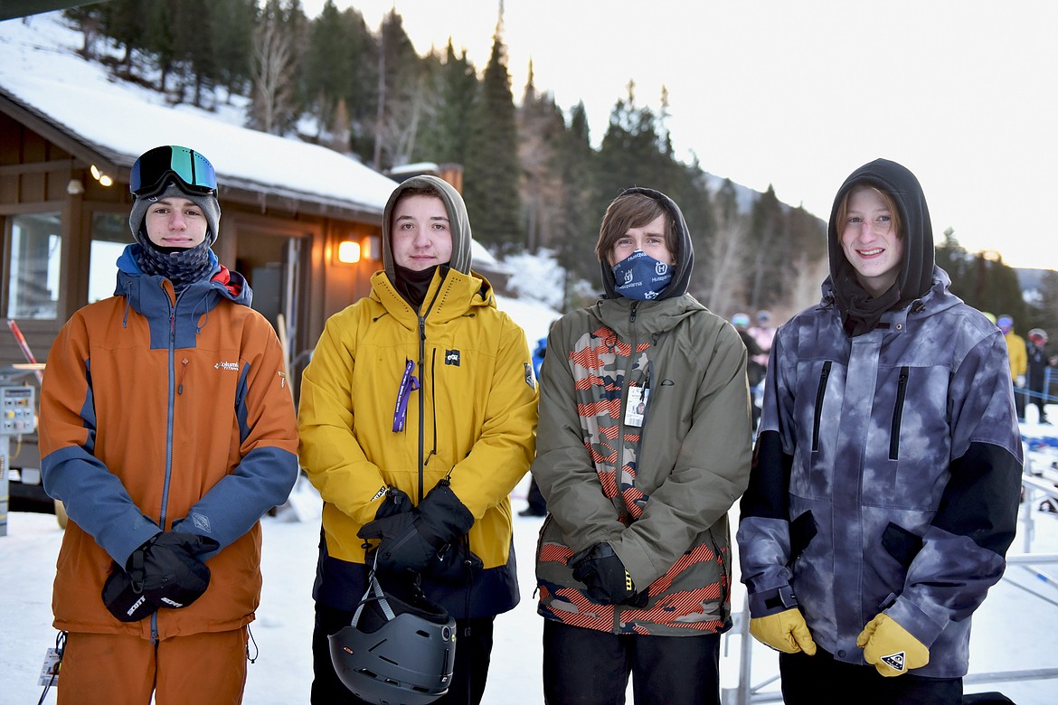 The group first in line for opening day of the 2020-21 season at Whitefish Mountain Resort consisted of Lane Anello, Anthony Tatum, Bridger David and Payton Douglas. These four were the lucky ones to score first chair last season too. (Whitney England/Whitefish Pilot)