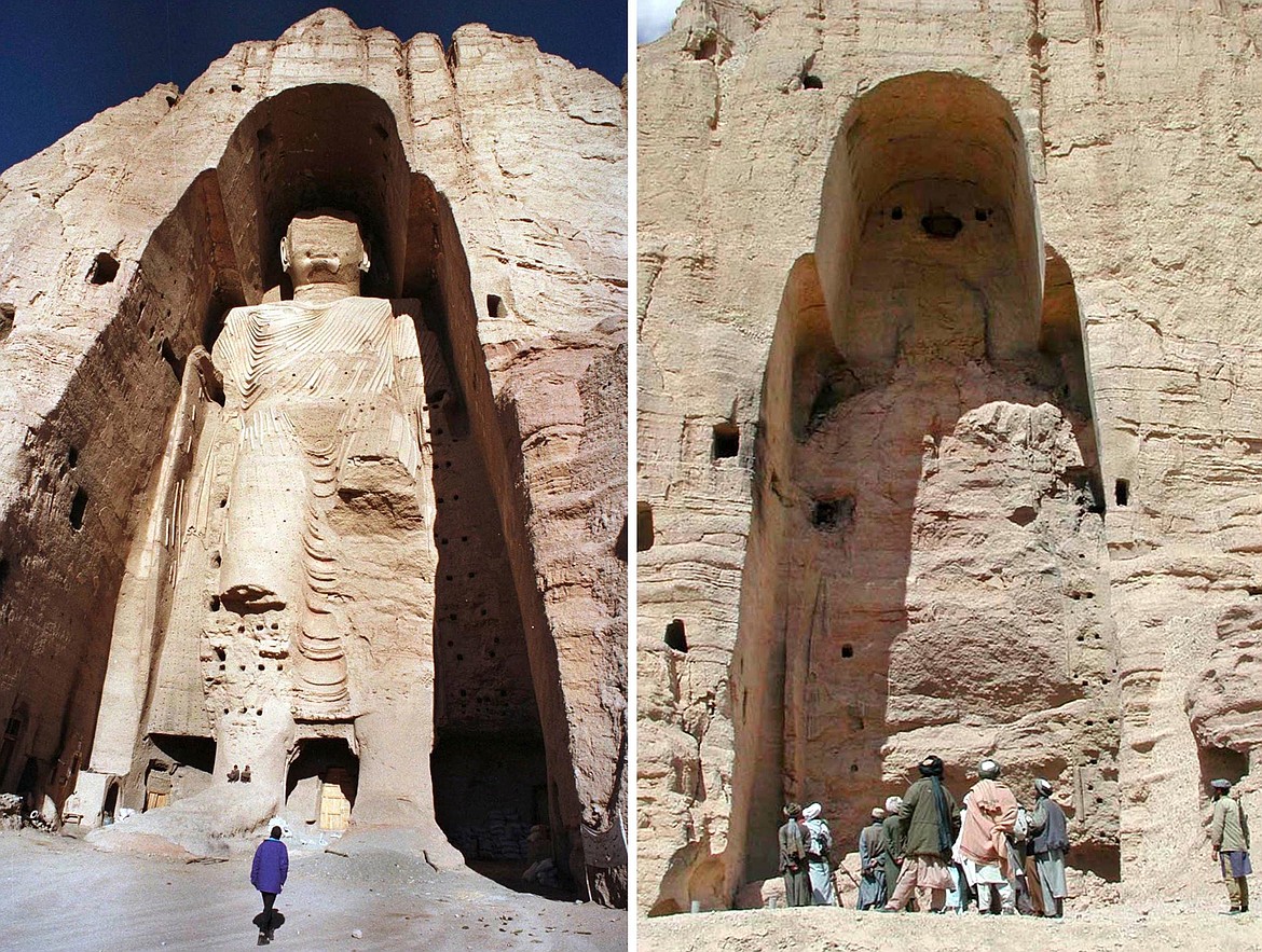 Once a tourist attraction, in March 2001, the Islamic fundamentalist Taliban ordered the destruction of two giant Buddhas carved into rock cliffs in Bamiyan Valley, Afghanistan, in the 6th and 7th centuries, despite worldwide outrage — including from Muslim countries — shown here before and after demolition.