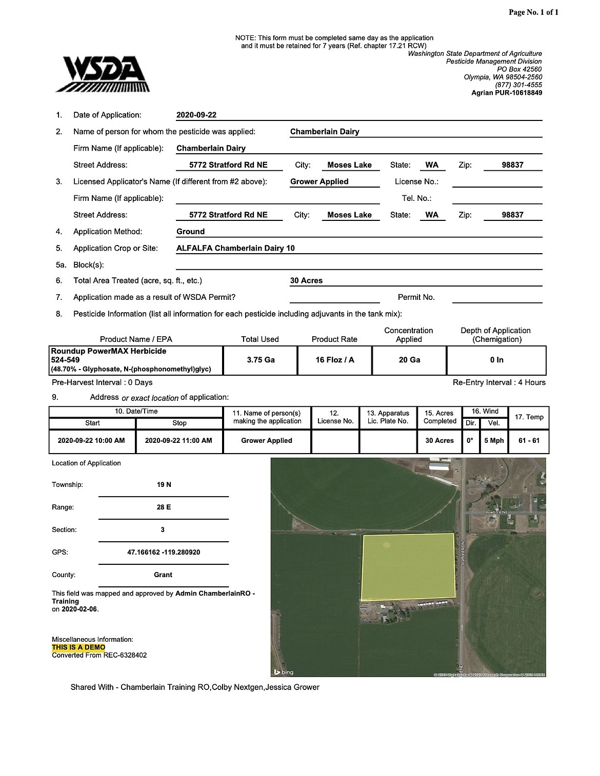 A sample dummy compliance report from the Chamberlain Dairy, showing what Agrian's software does.