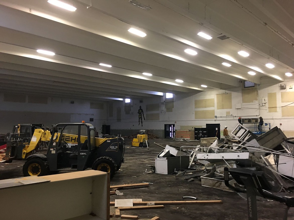 Only the walls and subfloor are left after demolition in the Royal High School gym. The gym will get a new bleachers and a new floor as part of a $19.87 project to refurbish the high school and Royal Middle School.