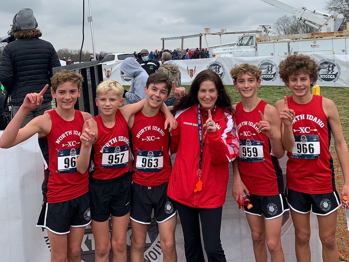 Courtesy photo
North Idaho Cross Country won a national championship in the boys age 13-14 division at the USATF National Junior Olympic Cross Country Championships in Paris, Ky., on Dec. 12-13. From left are Zack Cervi-Skinner, Dante Carr, Ethan Hickok, coach Erin Lydon Hart, Max Cervi-Skinner and Kyle Rohlinger.