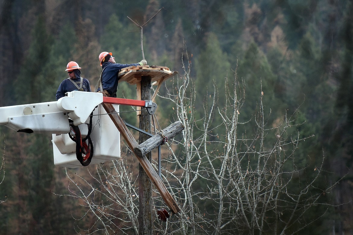 Flathead Electric's Brian Youso and Zane Lindsey work dozens of feet in the air to install a new osprey nest base on a pole adjacent to the Bigfork Dam last week. (Jeremy Weber/Daily Inter Lake)