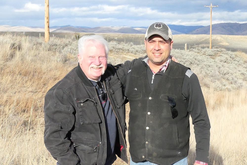 Crash survivor Joe Lunceford (left) and Jim Lawson (right) got together at the scene of an horrific motorcycle accident on Montana 28 which nearly claimed Lunceford’s life more than two years ago. Lawson got to Lunceford first and helped him survive the crash. (Chuck Bandel/Valley Press)