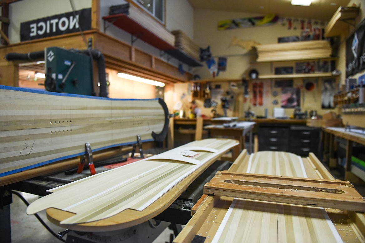 Snowboard cores wait to be worked on inside the shop at Notice Custom Snowboards and Wakesurfers in Whitefish on Thursday, Dec. 17. (Casey Kreider/Daily Inter Lake)