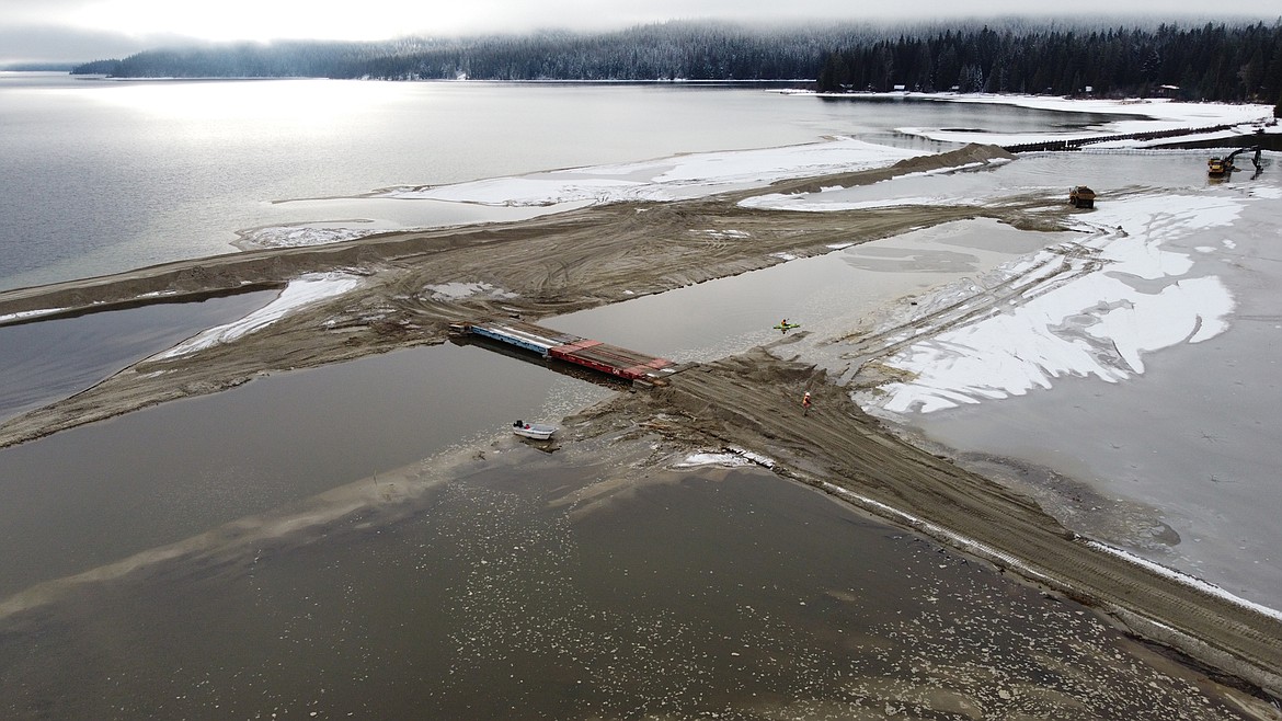 An aerial view of the channel and a temporary work bridge. (Photo courtesy PRIESTLAKER.COM/IDAHO DEPARTMENT OF LANDS)