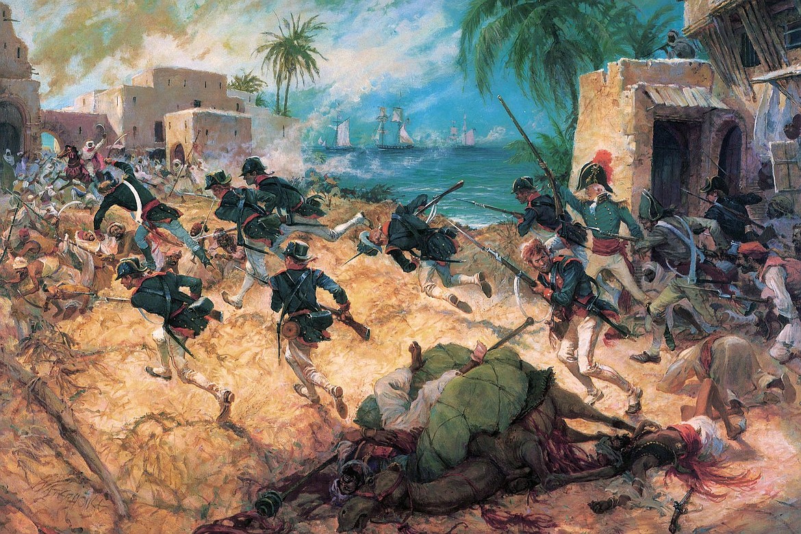 USMC artist Charles Waterhouse (1924-2013) painting of U.S. Marines led by Lieutenant Presley N. O’Bannon attacking Barbary fortress of Durna in 1805 to rescue kidnapped crew of USS Philadelphia, after marching across 600 miles of Libyan desert to “shores of Tripoli” in the First Barbara War.