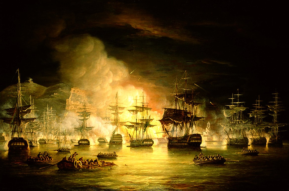 Thomas Luny (1769-1837) painting of Bombardment of Algiers in August 1816 depicting major attack on Barbary pirate stronghold by joint Spanish-Neapolitan-Maltese-Portuguese fleet commanded by the experienced Spanish Admiral Antonio Barceló, causing high casualties that brought fear of another attack, eventually forcing a peace treaty.