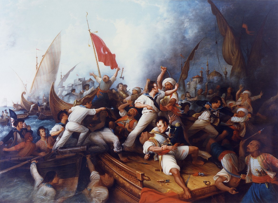 Painting by Dennis Malone Carter (1820-1881) of Stephen Decatur boarding a Tripolitan gunboat during a Barbary War naval engagement, Aug. 3, 1804, with Decatur in blue uniform in lower right center.