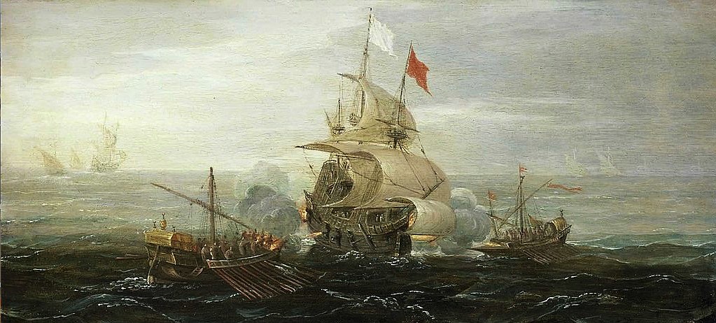 Painting by Aert Anthniszoon (c.1580-1620) French ship under attack by Barbary pirates.