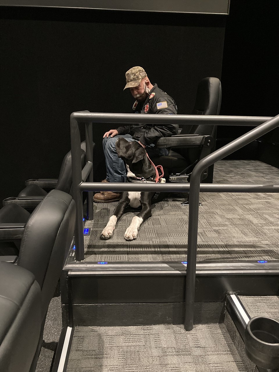 Ever attentive, Gretchen learns how to navigate novel situations such as the Showboat Cinema in downtown Polson. She is learning to walk stairs without tugging, and to back into an aisle, as is also required on an airplane. (Carolyn Hidy/Lake County Leader)