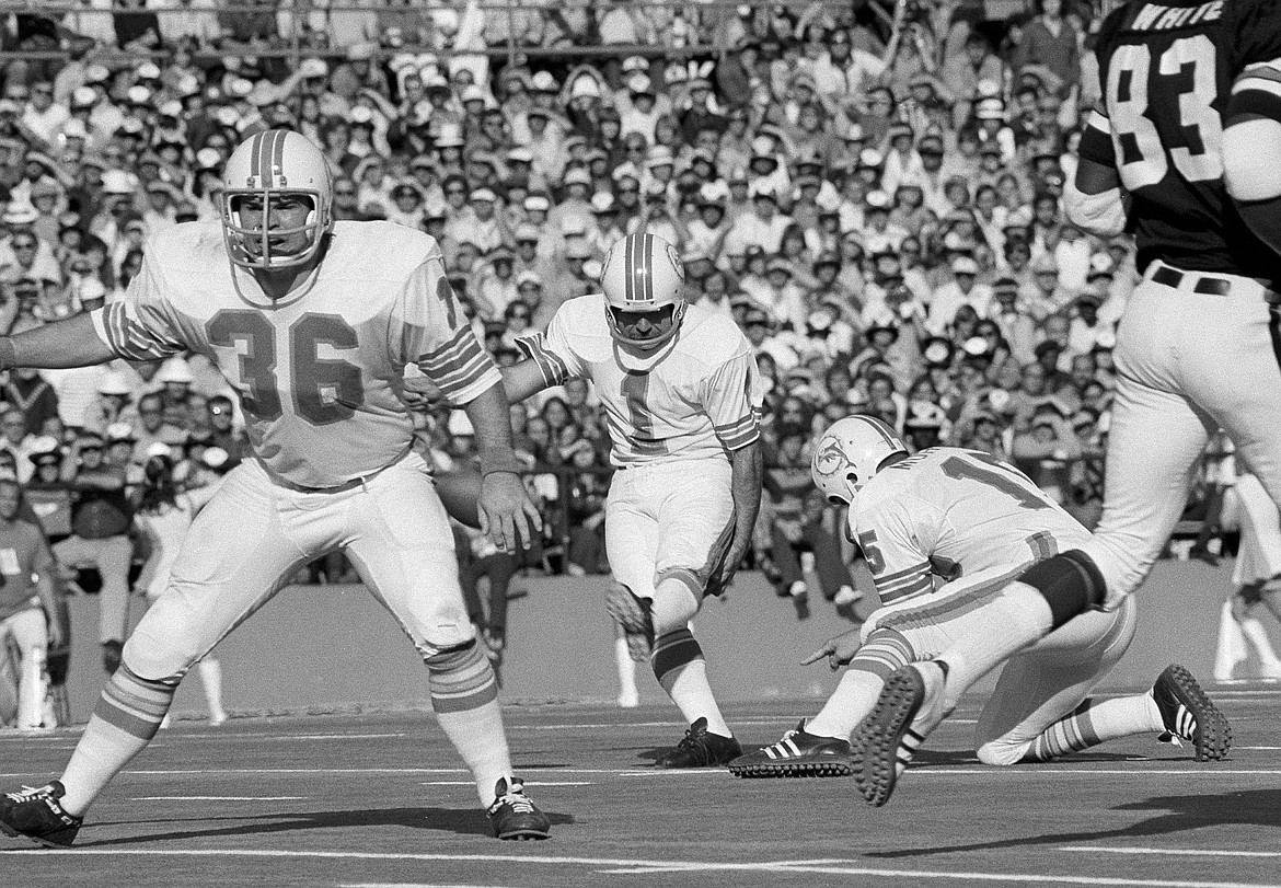 Associated Press
Garo Yepremian of the Miami Dolphins, here kicking a field goal against the Cincinnati Bengals in the 1973 playoffs, made the game-winning kick in double overtime of a playoff game at Kansas City on Christmas Day, 1971.