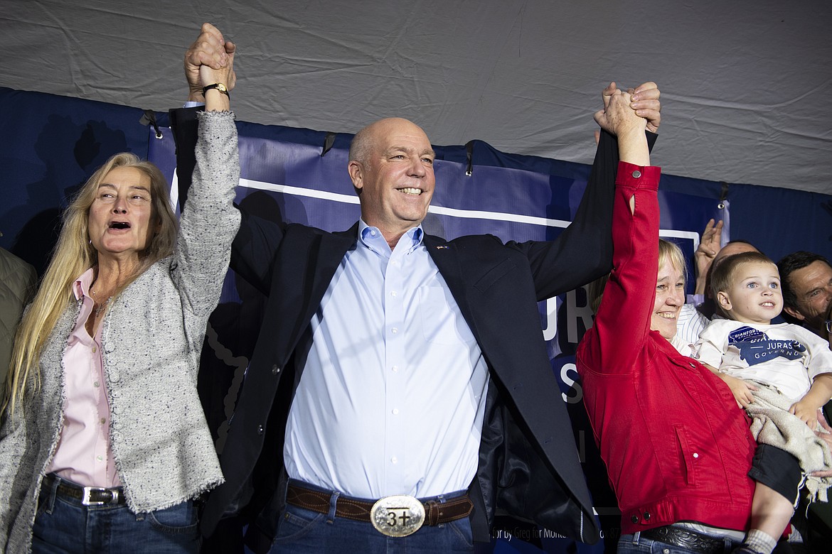 Republican U.S. Rep. and Montana gubernatorial candidate Greg Gianforte Greg Gianforte celebrates after the Montana gubernatorial race was called by the Associated Press in Bozeman, Mon., Tuesday, Nov 3, 2020. (AP Photo/Tommy Martino)