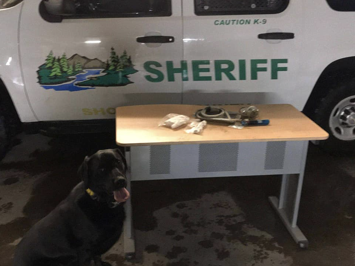 Shoshone County Sheriff's Office drug detection K-9 Midnight sits next to the drugs he found on Saturday.