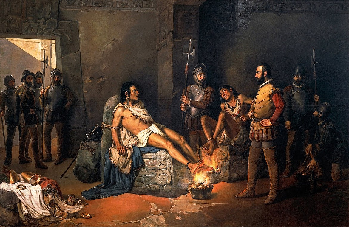 Hernán Cortés tortured Aztec emperor Cuauhtémoc to reveal the location of hidden Aztec wealth, which he refused to do and was hanged — his stoicism becoming legendary.