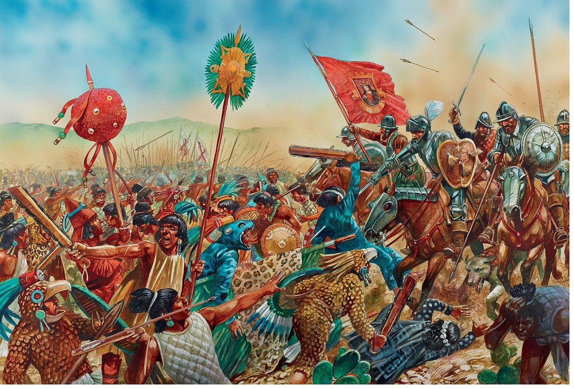 Armed with guns and cavalry which the Aztecs didn’t have, Hernán Cortés and his soldiers defeated them, ending the Aztec Empire c.1521.