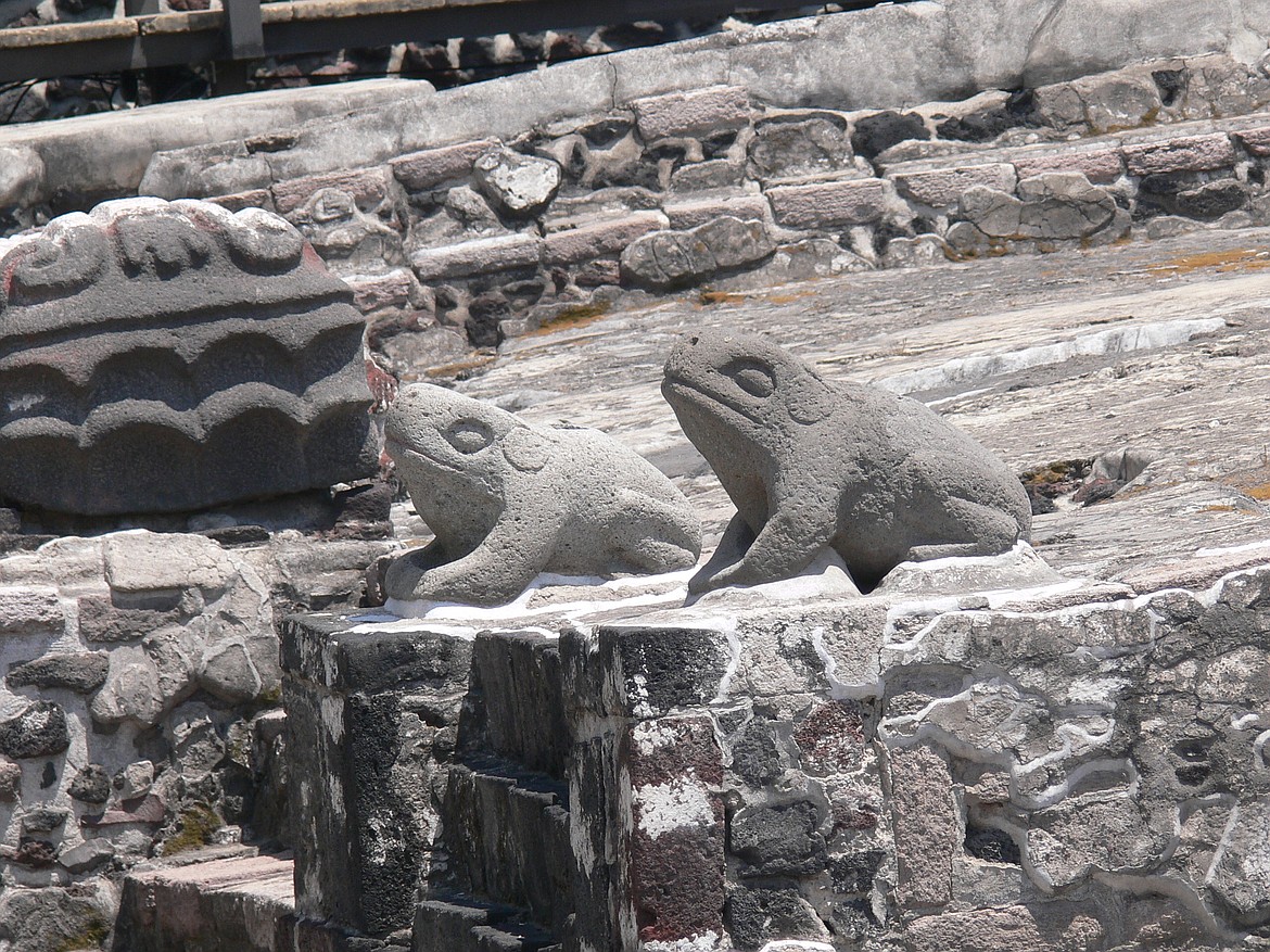 Altar of the Toads, Aztec symbols of water in ruins of Templo Mayor in the heart of Mexico City, where the Aztec capital Tenochtitlan was once located.
