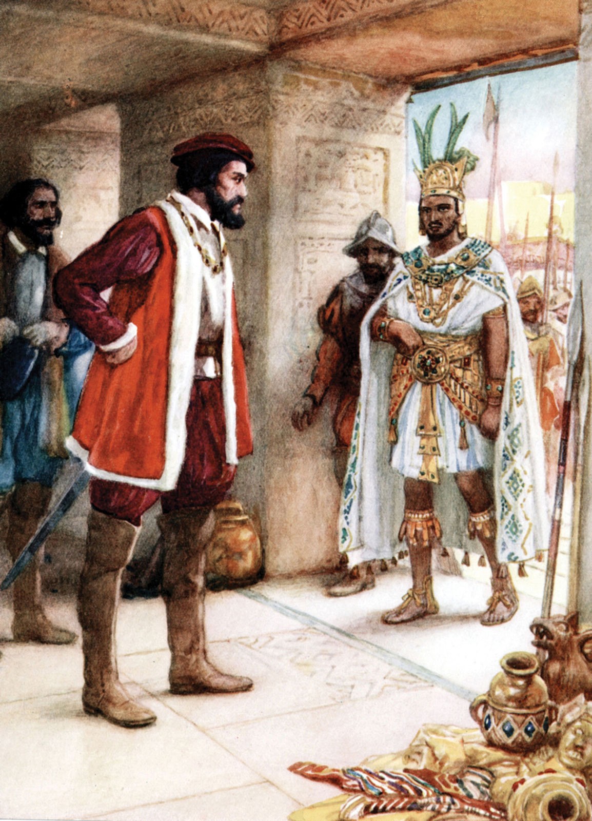 Aztec Emperor Montezuma presenting valuable gifts to Hernán Cortés, who imprisoned him two weeks later.