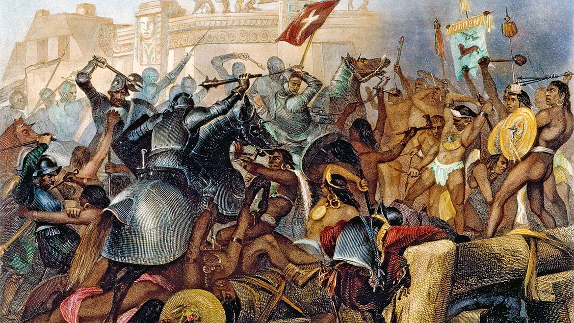 Hernán Cortés battling Aztecs, defeating them after a three-month battle to capture the Aztec capital of Tenochtitlán.