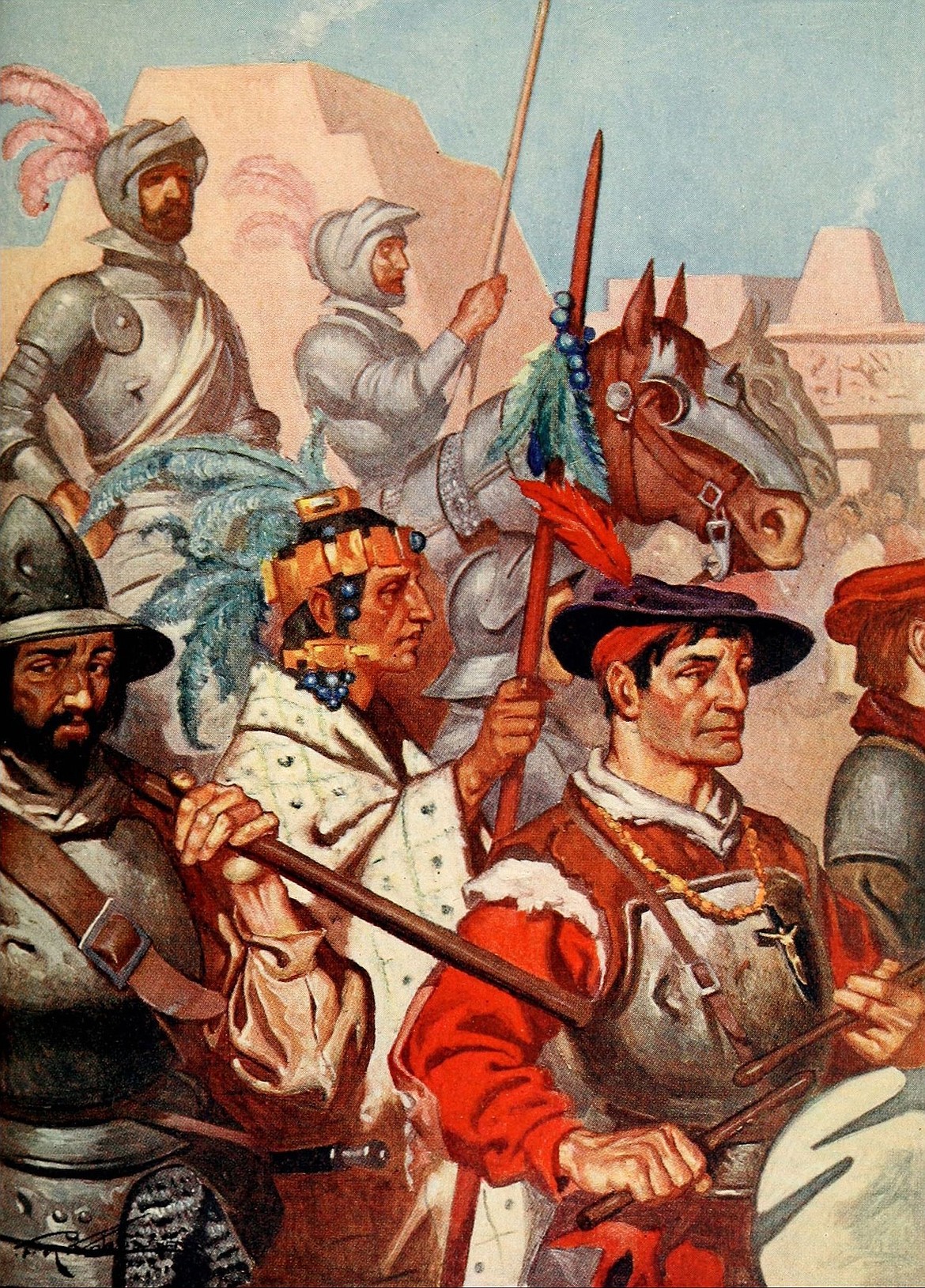 A 1909 book illustration by J.H. Robinson depicting Spanish conquistadors led by Hernán Cortés entering Tenochtitlán (now Mexico City) in 1519 to martial music.