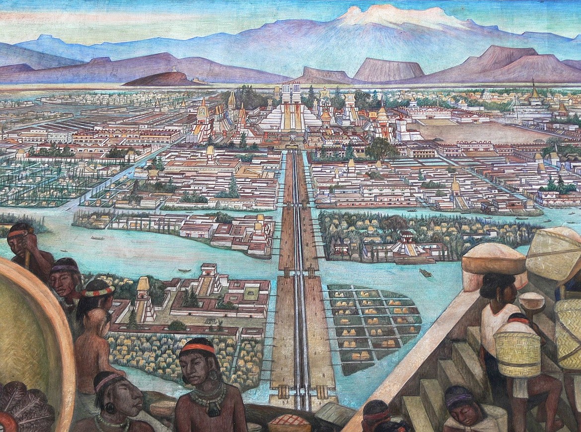 Illustration depicting Tenochtitlan, capital of Aztec Empire captured by Hernán Cortés resulting in the end of the Aztecs after conquistador occupation from 1519 to 1521.