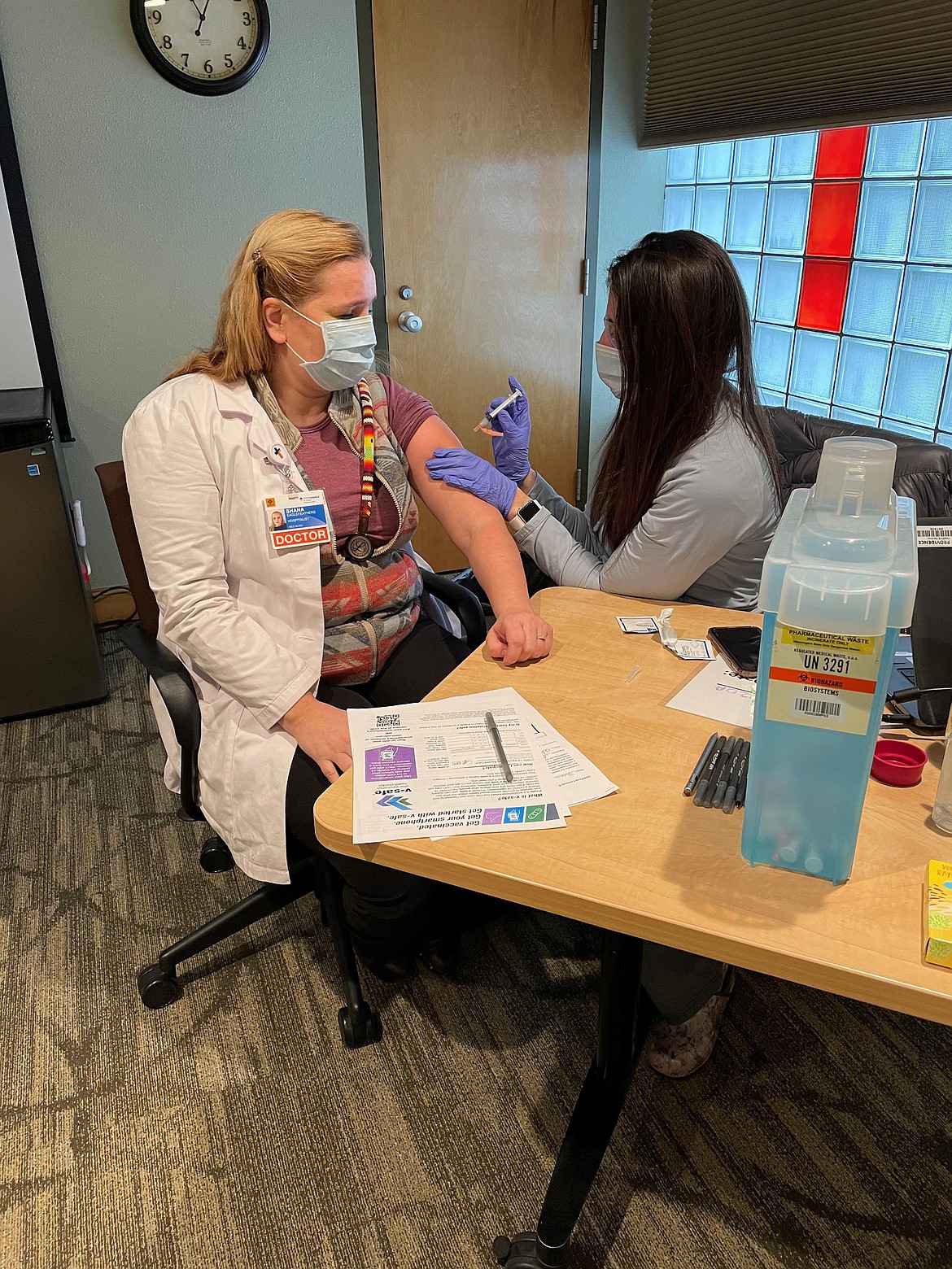 Dr. Shana Eaglefeathers receives the Moderna COVID-19 vaccine Monday at Providence St. Joseph Medical Center in Polson.(Courtesy of St. Joseph)