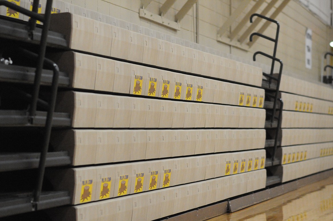 To ensure spectators stay socially distanced, Libby school administrators marked select seats on the bleachers in the Ralph Tate Gym. (Will Langhorne/The Western News)