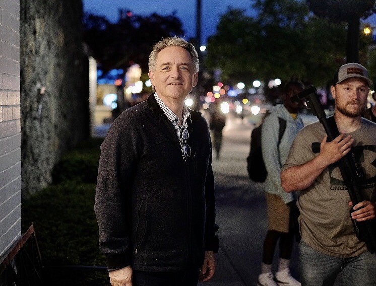 Mayor Steve Widmyer stood guard over his wife's shop in early June, shortly after the killing of George Floyd at the hands of Minneapolis police officers sparked nationwide protests. “Nobody wants a downtown when you have 100 to 200 heavily-armed people on the sidewalks on your street," Widmyer told The Press. "And you know what? I don’t think they wanted to be down here, but those people felt like it was their duty. We respected that, but I also respect there were many, many people that were uncomfortable with that.” (Courtesy photo)
