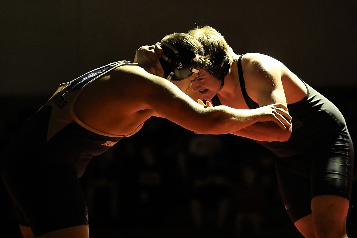 Sandpoint's Matt Thurlow (right) battles Timberlake's Trevor Cady in a 220-pound bout on Dec. 16 at Les Rogers Court. Thurlow placed third at the Lakeland JV Tournament on Saturday.