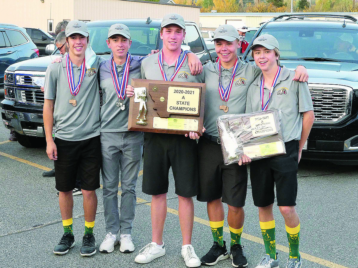 The Whitefish boys golf team earned the State Class A Championship last weekend at Butte. From left, are Marcus Kilman, Billy Smith, Cameron Kahle, Johnny Nix and Bjorn Olson. Kahle also won the tournament to become a back-to-back state champion. (Jeff Doorn photo)