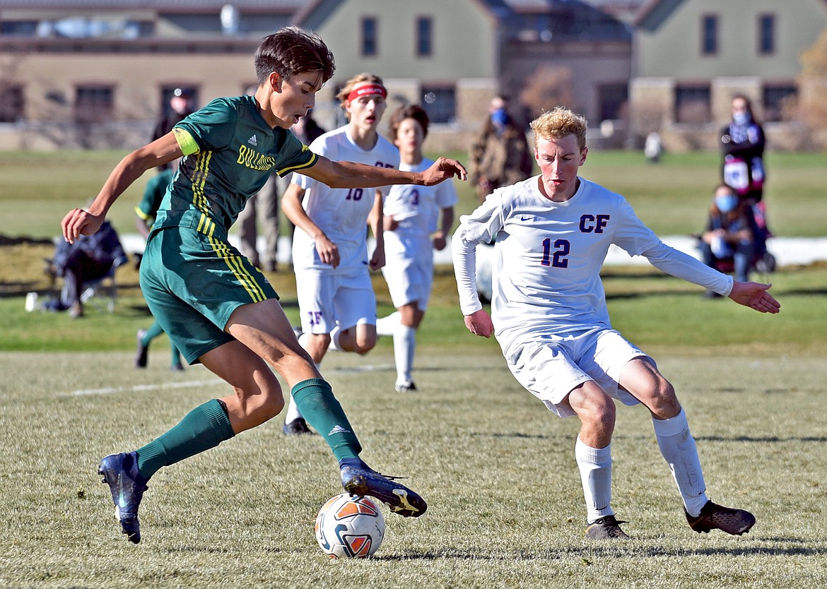 Whitefish senior Brandon Mendoza shows off some fancy footwork during the Class A State Champtionship match against Columbia Falls Saturday at Smith Fields. (Whitney England/Whitefish Pilot)