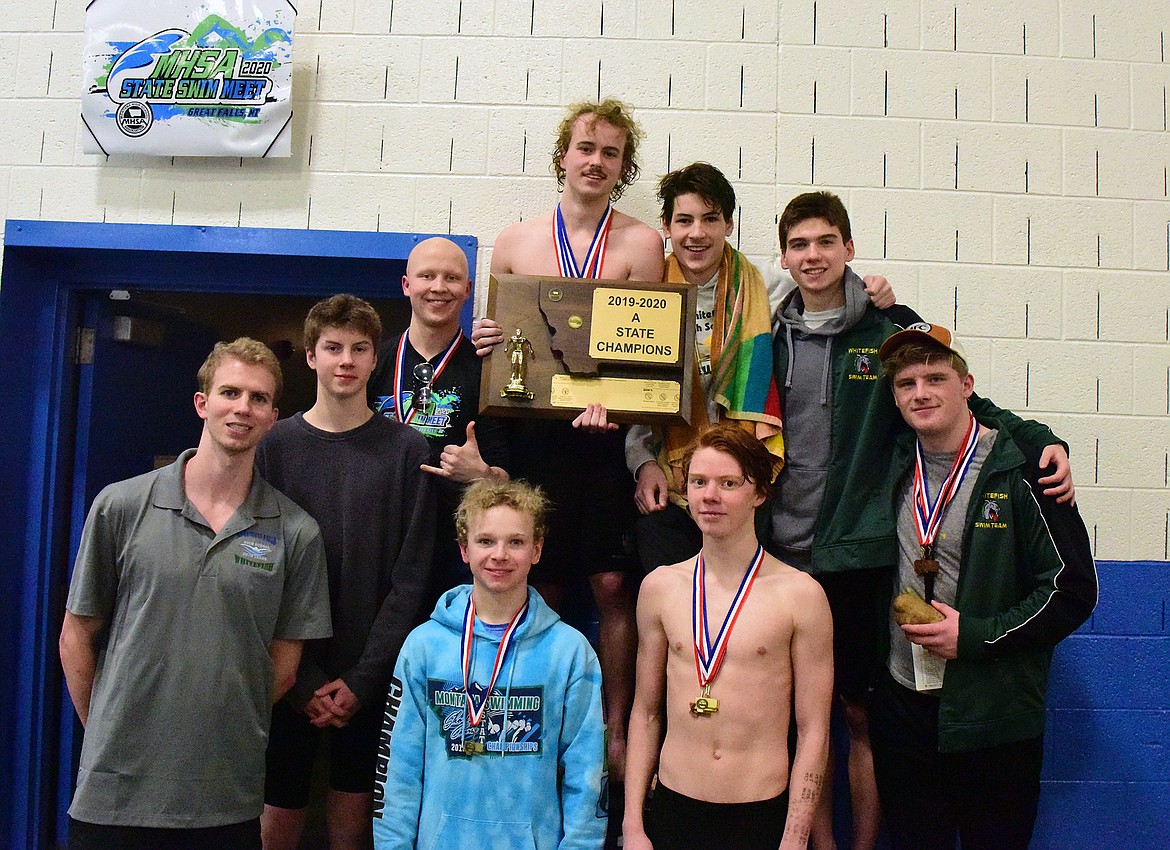 The Whitefish High School Bulldog boys swim earned the Class A state champhionship last weekend at Whitefish’s Kay Weaver jumps off at the start of the 50 free at the All-Class State Tournament in Great Falls. (Photo courtesy Corey Botner)