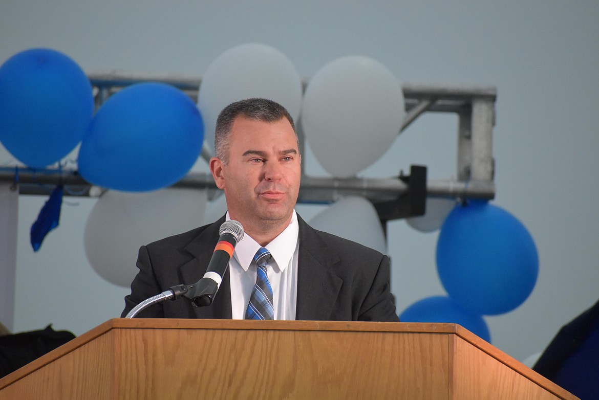 Former chairman of the Coeur d'Alene School Board Casey Morrisroe speaks at the 2020 commencement ceremony at Coeur d'Alene High School. Morrisroe announced Monday night his decision to step down as board chair, a position he has held since July 2016.