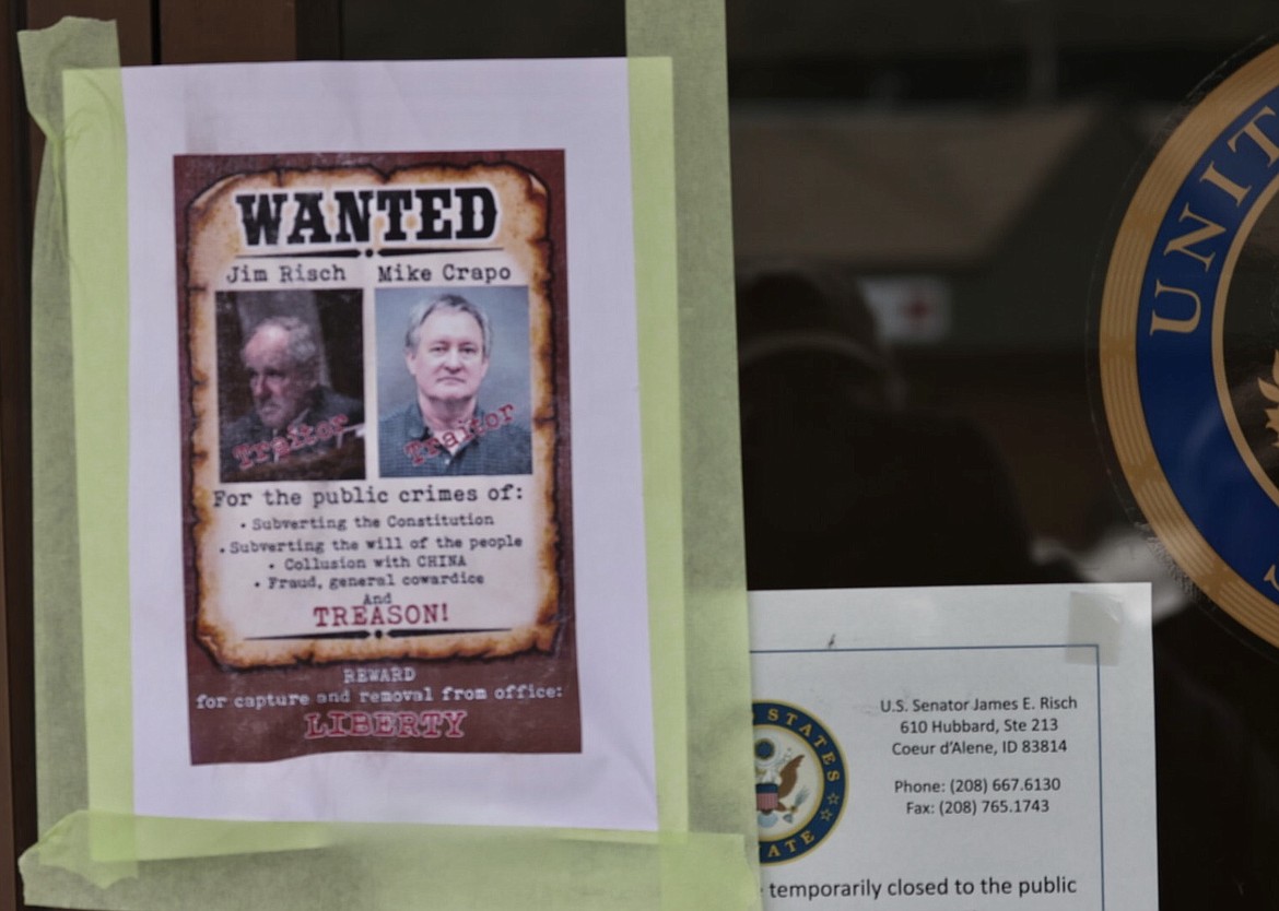 Photo courtesy of Duane Rasmussen

Trump supporters taped posters and signs on Sen. Jim Risch's Coeur d'Alene office at the end of a rally Tuesday.