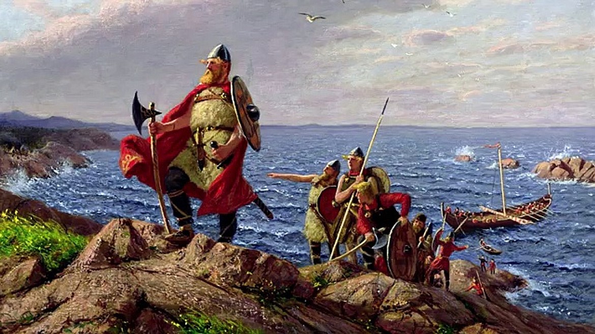 Painting by Hans Dahl (1849-1937) of Leif Erikson, son of Erik the Red, who is believed to have landed either in Newfoundland or Labrador, which he called Vinland and is considered the first European to land in North America, nearly 500 years before Columbus.