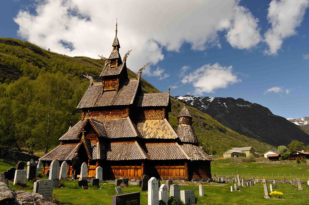 The wooden Borgund Stave Church (now a museum) 150 miles north of Oslo, Norway, was built in 12th century, the interior featuring “a curious mix of Christian and Norse décor,” including carved dragon heads used on bows of Viking ships.