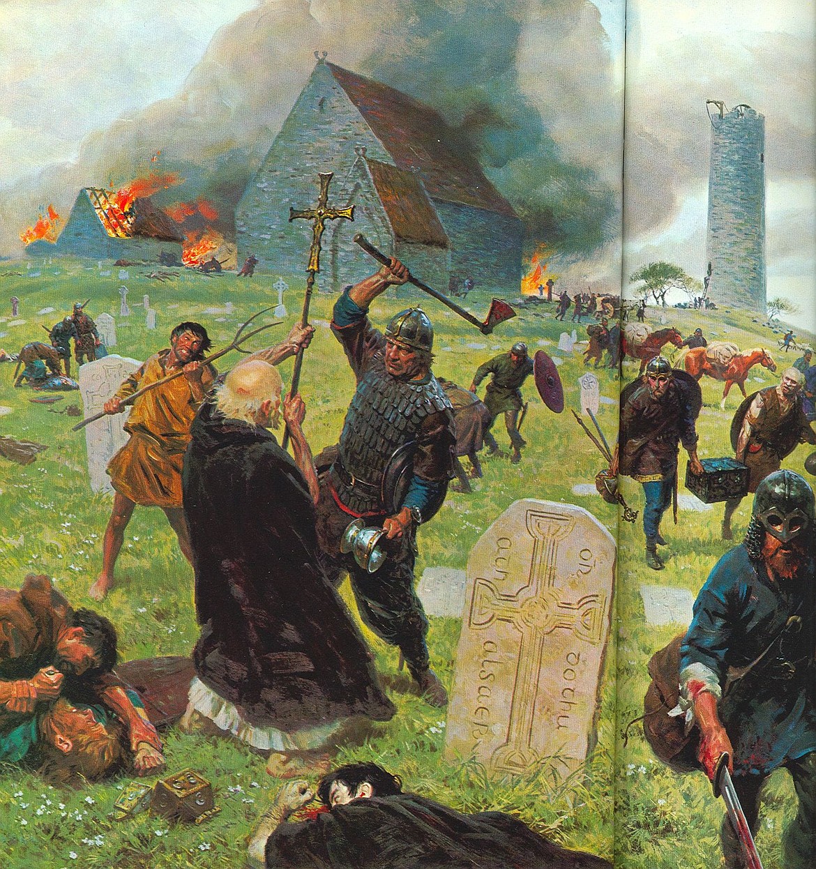 The Viking Age is said to have begun in AD 793, with the Viking plundering of the Holy Island of Lindisfarne off the coast of Northumberland, England, just south of the Scottish border, with this painting depicting an attack of the monastery at Clonmacnoise, Ireland, raided often by Vikings, Normans and Irish.