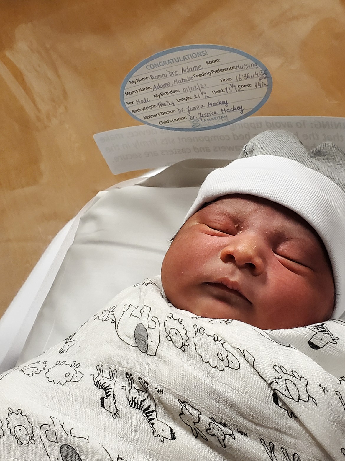 Weighing in at nine pounds three ounces, and 21 and a quarter inches long, Romeo Dre Adame was born January 2, 2021, at 4:36 p.m. in Samaritan Hospital.