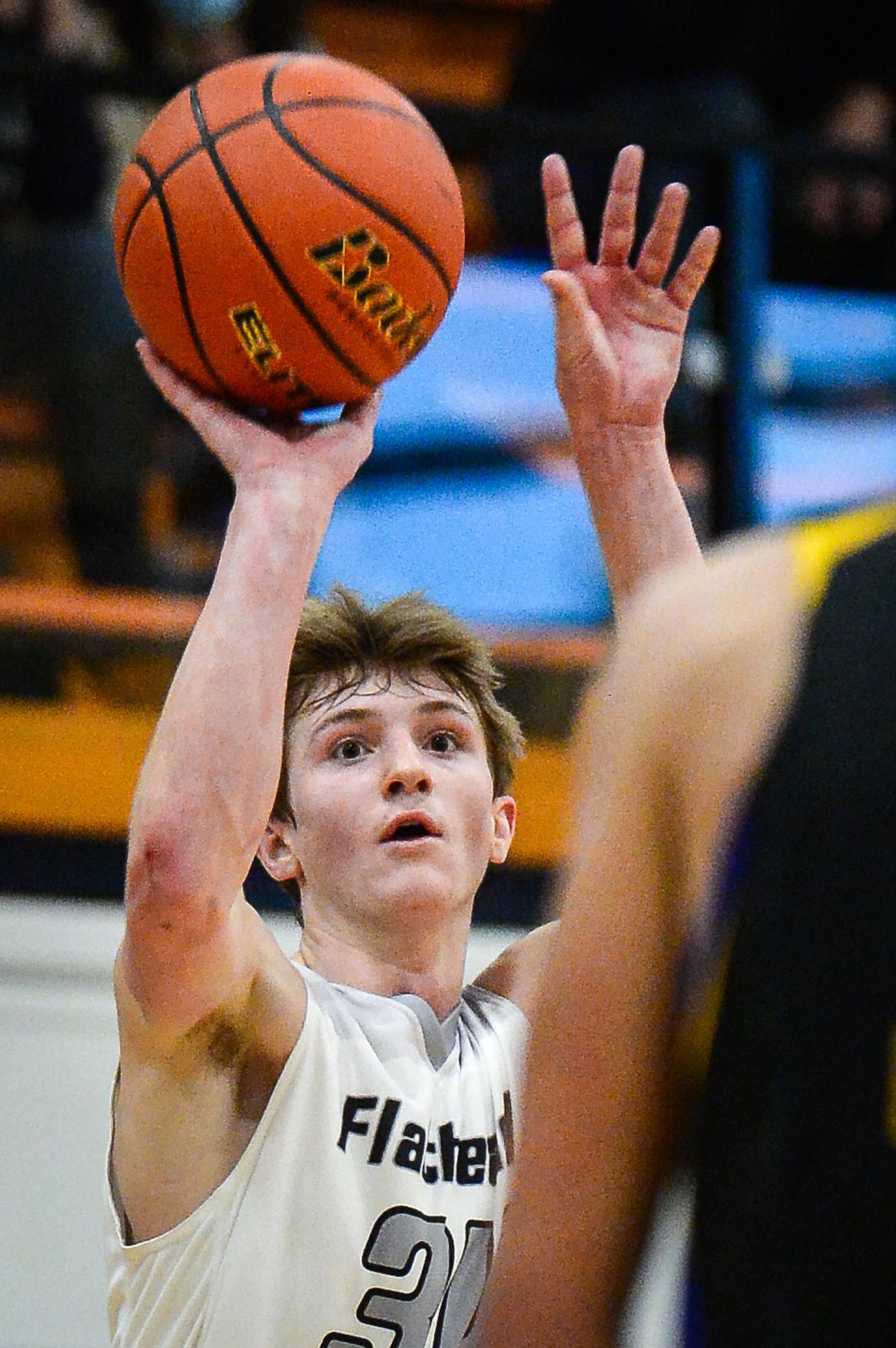 Flathead's Joston Cripe (34) squares up to shoot in the second half against Missoula Big Sky at Flathead High School on Saturday. (Casey Kreider/Daily Inter Lake)