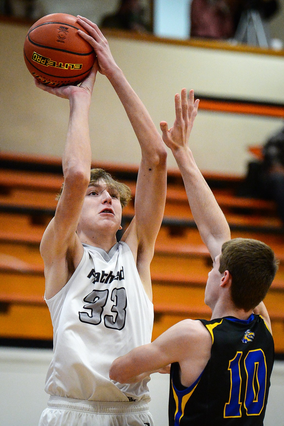 Flathead's Ezra Epperly (33) squares up to shoot in the first quarter against Missoula Big Sky at Flathead High School on Saturday. (Casey Kreider/Daily Inter Lake)