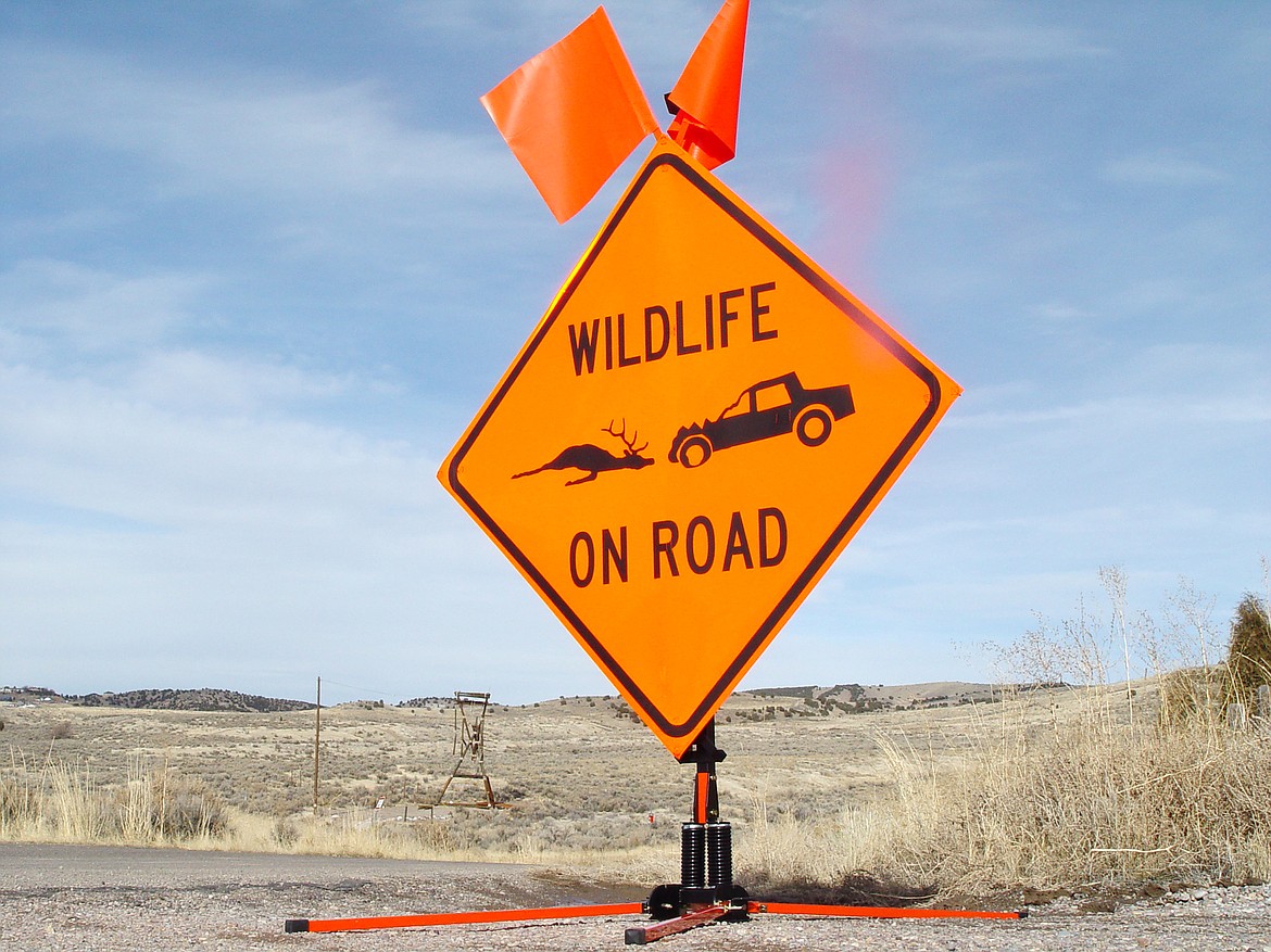 A wildlife on the road sign sits along a state roadway. Idaho's wildlife collision salvage rule allows individuals to keep road-killed wildlife species classified as upland birds, upland game animals, big game, fur-bearers, and predators that may be lawfully hunted or trapped. Unprotected non-game wildlife are also legal for salvage.