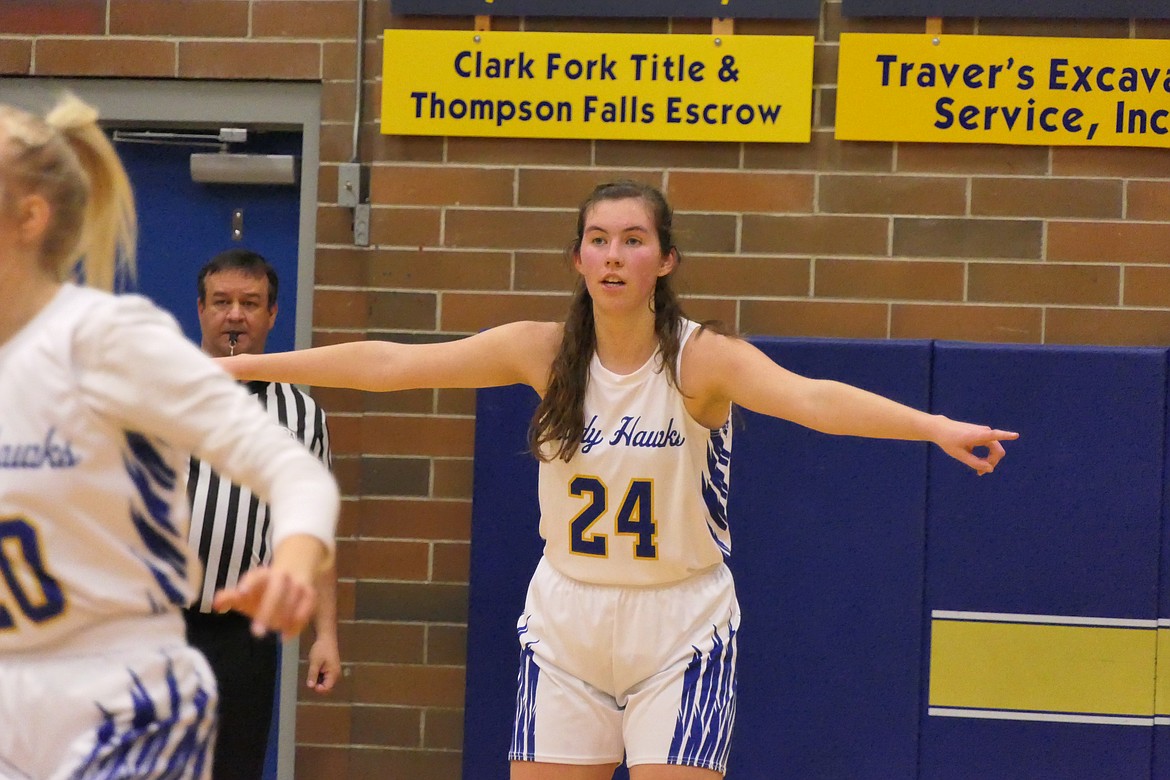 Thompson Falls senior Megan Baxter directs traffic under the basket in the game vs. Eureka. (Chuck Bandel/Valley Press)