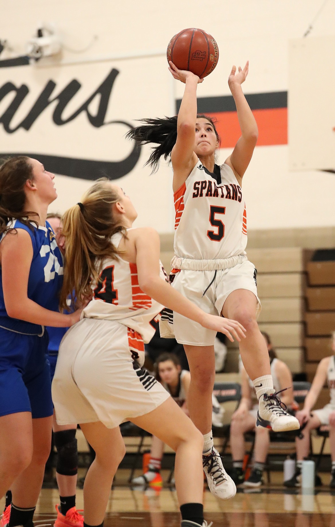 Priest River sophomore Lilly Freitas pulls up for a jumper against North Idaho Christian on Jan. 4 at PRLHS.