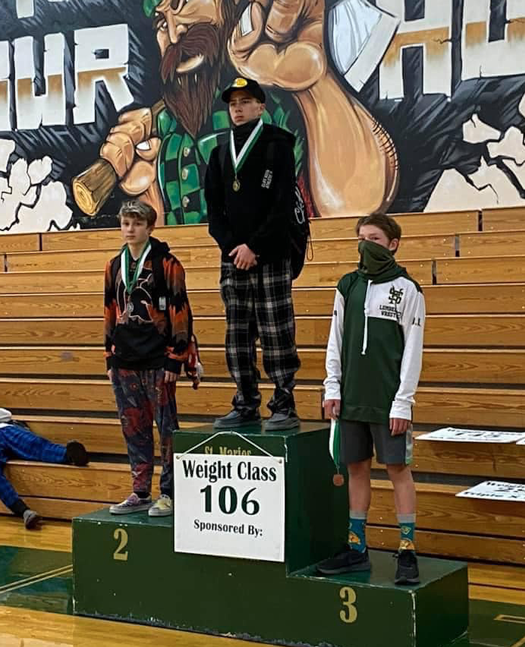 Kellogg freshman Kolter Wood stans atop the podium after winning the 106-pound division at the St. Maries Tournament over the past weekend.