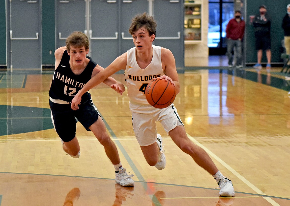 Whitefish junior Bodie Smith gets past a Hamilton defender in a game at Whitefish High School on Saturday. (Whitney England/Whitefish Pilot)