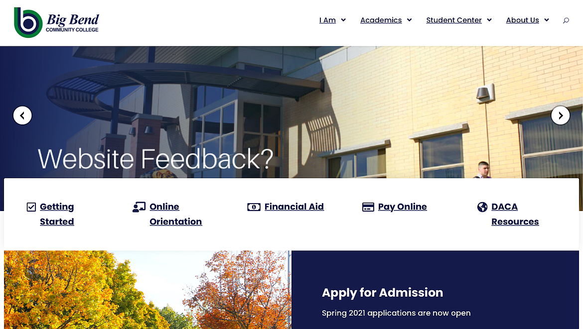 A preview of the updated Big Bend Community College web page.