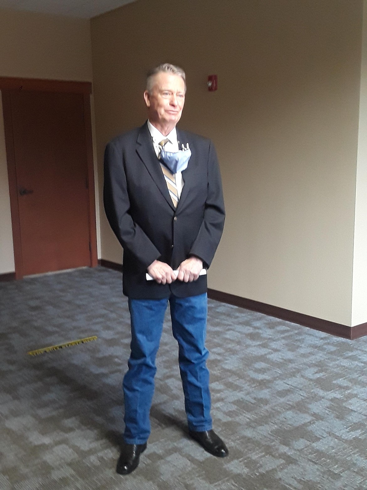 Gov. Brad Little answered questions from reporters during a Friday press conference at the Idaho Forest Group office in Coeur d'Alene. (CRAIG NORTHRUP/Press)