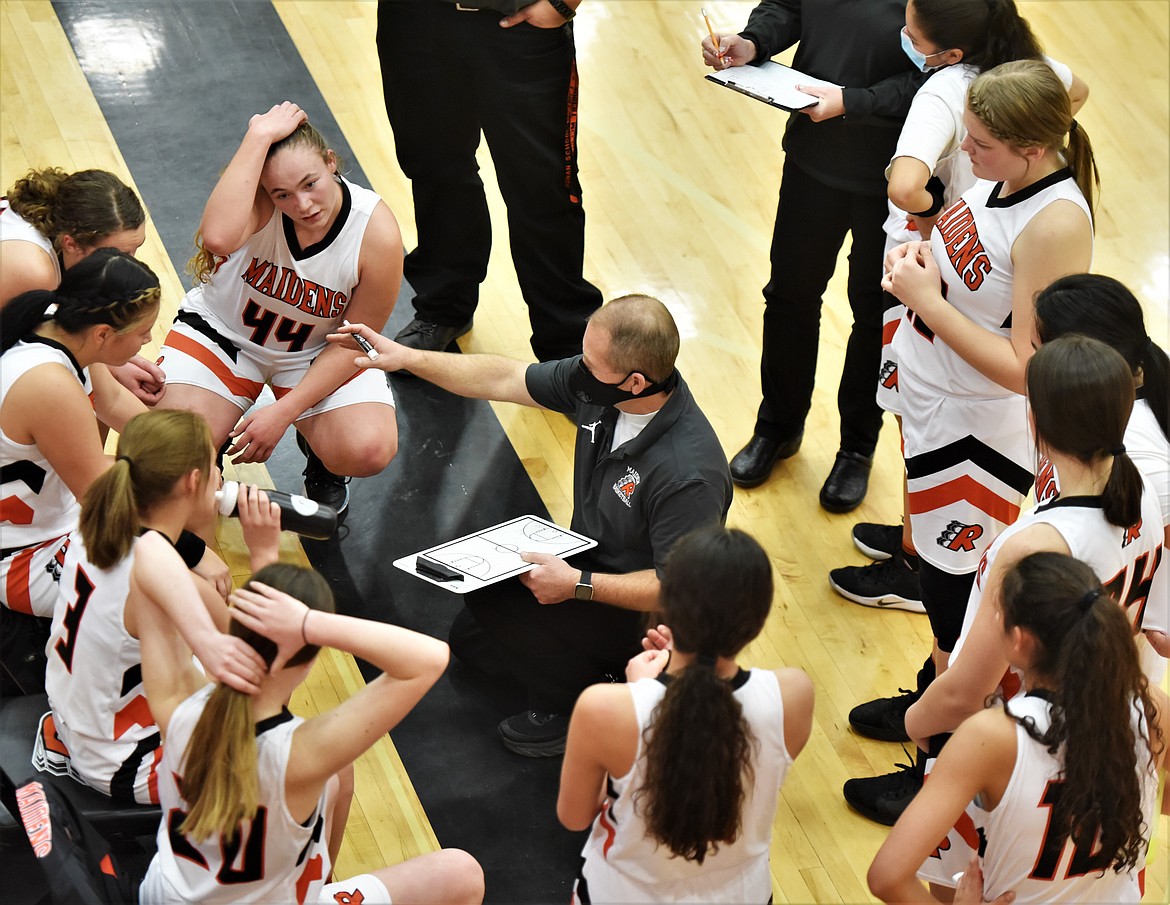 Ronan head coach Steve Woll gives instructions during a timeout. (Scot Heisel/Lake County Leader)