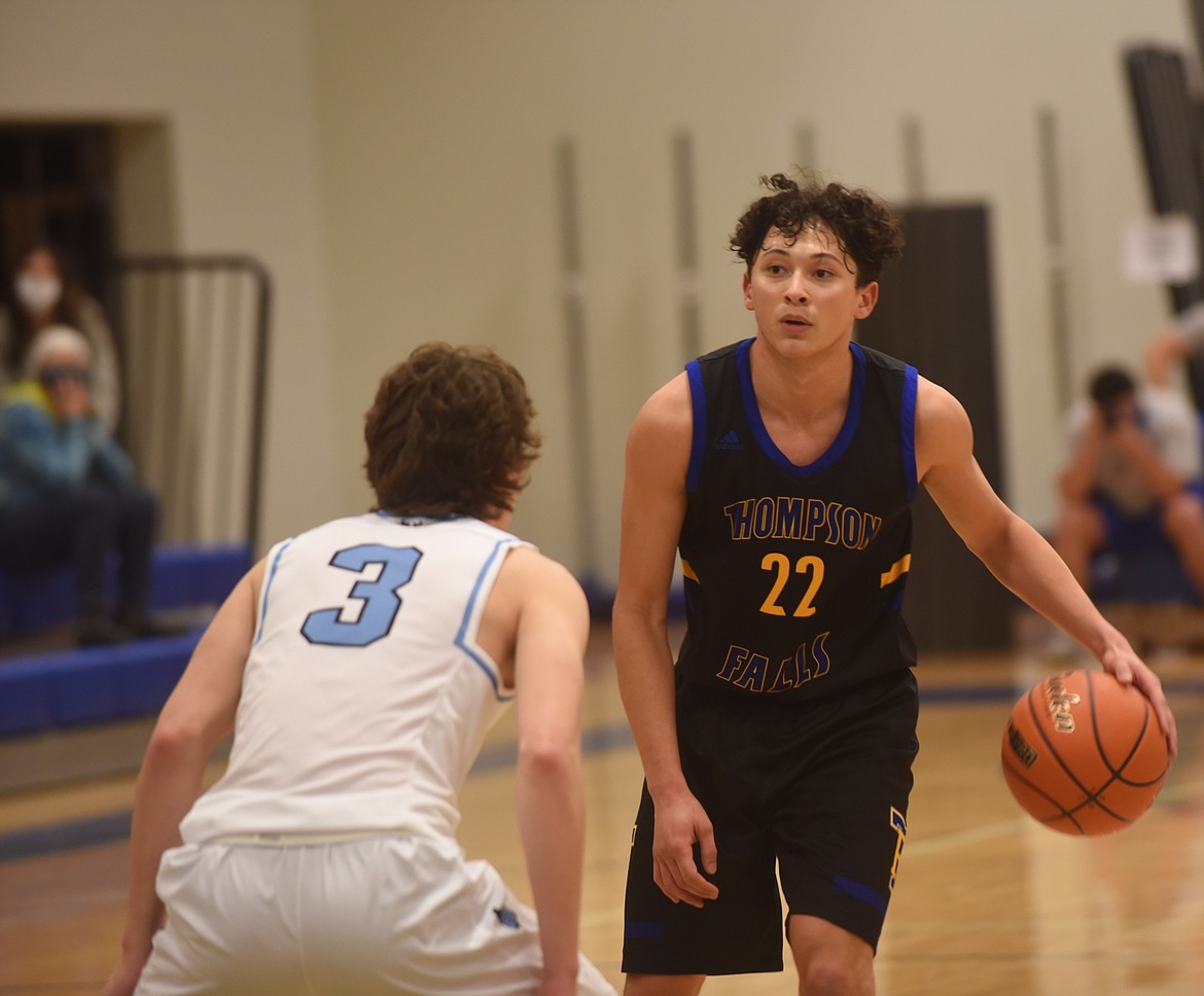 Thompson Falls Blue Hawk Dante Micheli faces Bigfork’s Isak Epperly during last week’s game. Micheli's 20 points helped the Blue Hawks to an 81-75 win. (Scott Shindledecker/Valley Press)